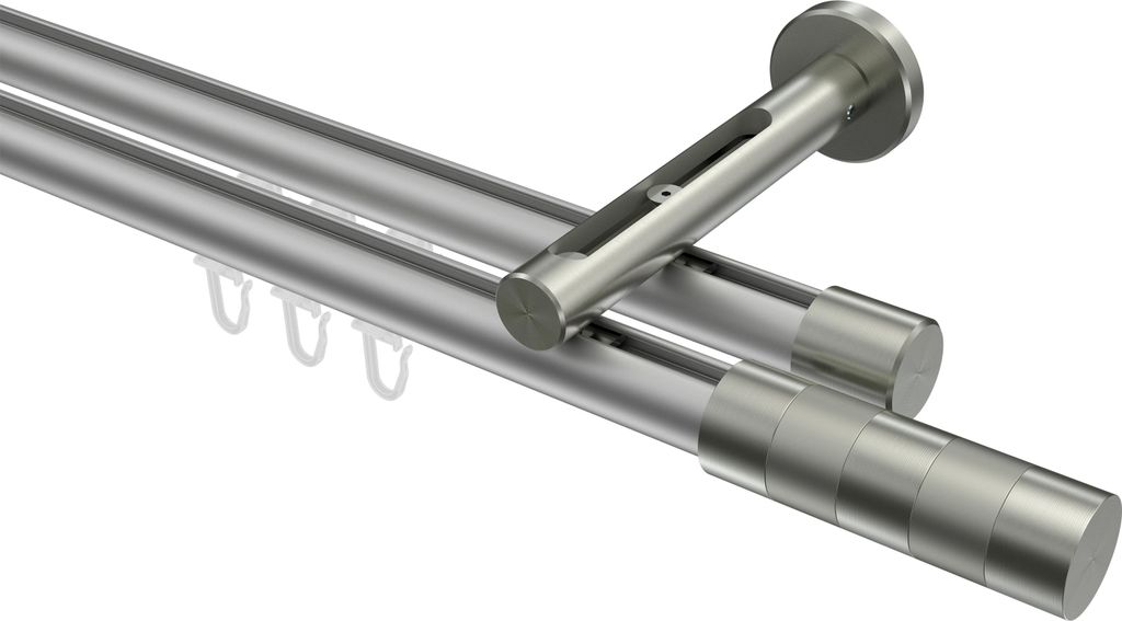 Interdeco Innenlaufstange / Gardinenstange mit Innenlauf Silbergrau / Edelstahl-Optik, Typ Siteno Mavell (Zylinder Bicolor), 20 mm Ø 2-läufig, 60...
