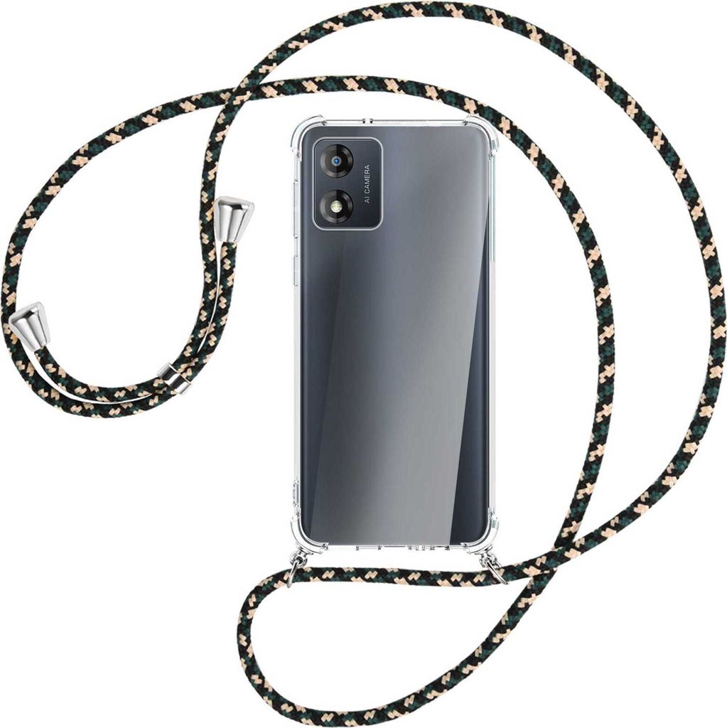 Handykette Backcover-Schutzhülle mit Band (Metall silberfarben) für Motorola Moto E13 (6.5'') - camouflage