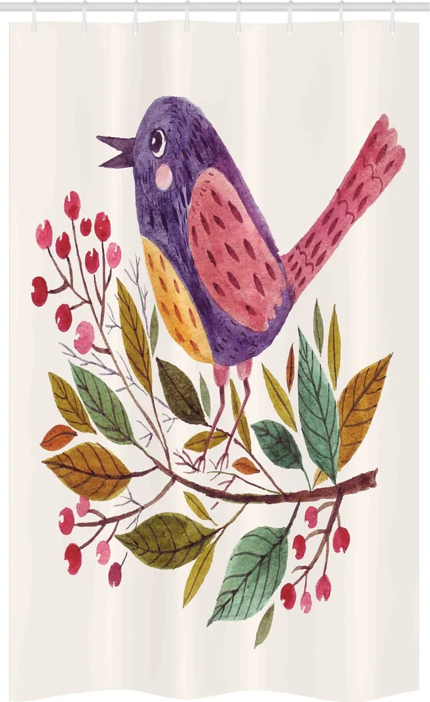 ABAKUHAUS Uccelli Tenda da doccia stretta, fiori di pyracantha, set decorativo per bagno in tessuto con ganci, 120 x 180 cm, multicolore