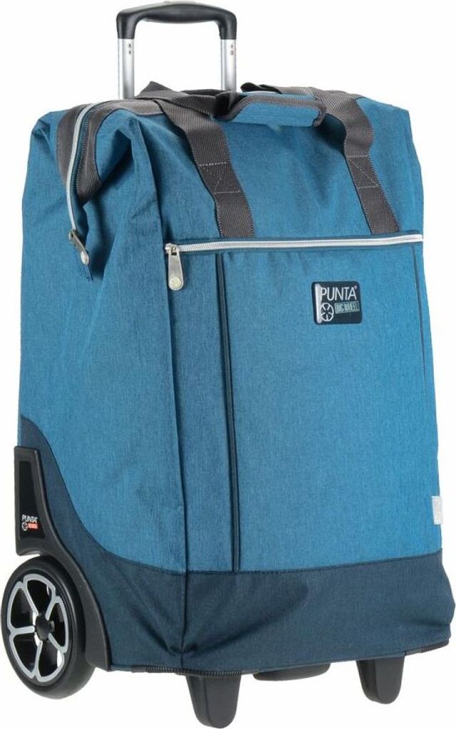 A blue rolling shopping trolley with a retractable handle and large wheels.