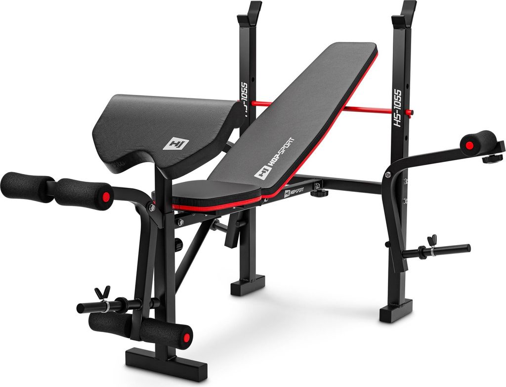 A black and gray weight bench with red accents is shown against a white background.