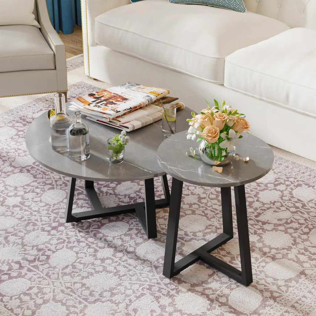 Lot de 2 tables gigognes FATIVO aspect marbre et métal noir 80cm et 45cm
