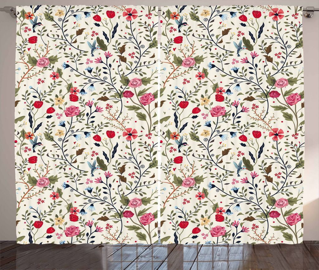 ABAKUHAUS Blumen Rustikaler Gardine, Vögel Rosen Tupfen, Schlafzimmer Kräuselband Vorhang mit Schlaufen und Haken, 280 x 225 cm, Blau Weiß