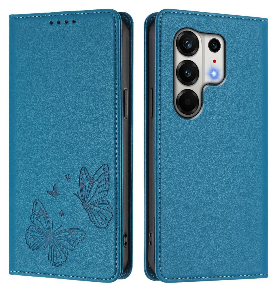 Lederhülle für Tecno Camon 50 Pro 4G, Schmetterling Prägung Leder Brieftasche Schutzhülle mit Ständer Blau