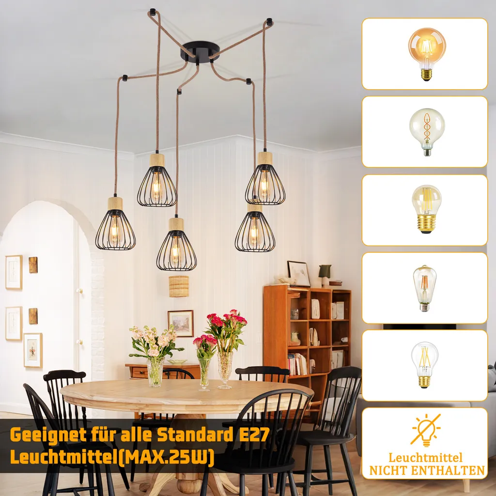 ZMH lampada a sospensione tavolo da pranzo lampada a sospensione soggiorno vintage lampada sala da pranzo nero lampada a sospensione sala da pranzo 5 fiamme retrò metallo corda di canapa in legno industriale E27 lampada a sospensione per pub senza lampadine - 3