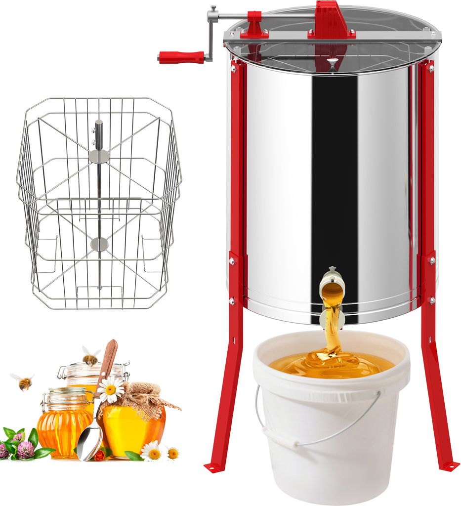 A honey extractor with a basket, jars of honey, and bees.