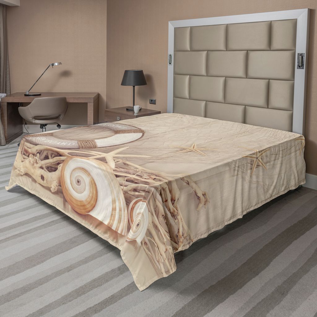 ABAKUHAUS Küsten Bettlaken, Willkommen an Bord Leben Boje aus Holz Sepia Fischnetz Urlaub Maritime Thema, weiches bequemes oberes Bettlaken für e...