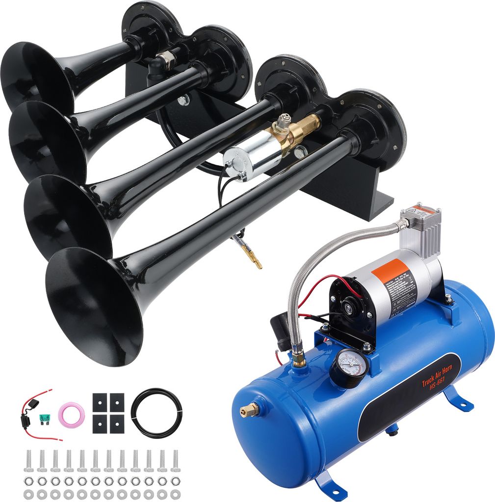 SucceBuy 4-Trompeten-Zughupen-Set, 150 dB Drucklufthupen mit 12 V 120 psi Kompressor, 1,6 Gallonen Tank und Messgerät für Pickups, Autos, Lieferw...