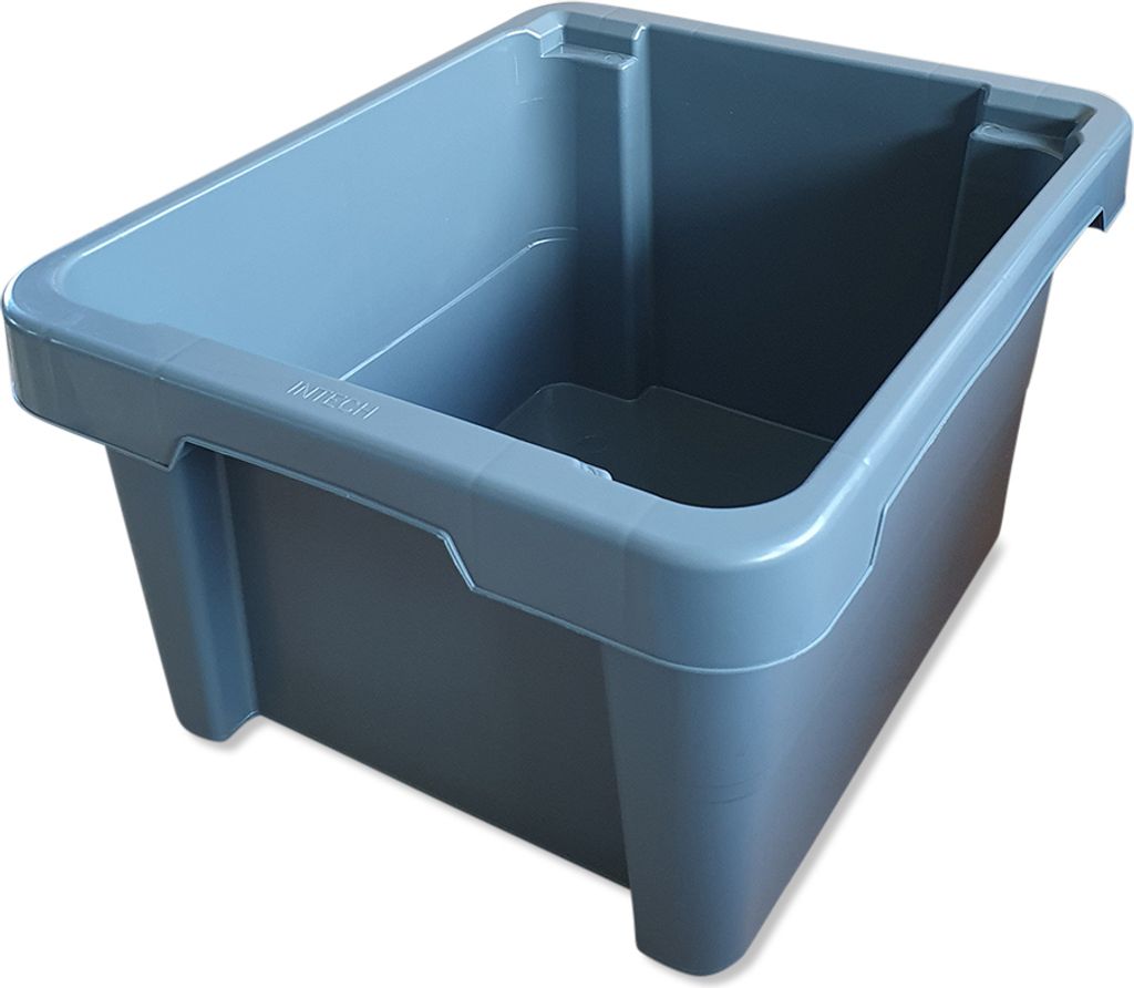 A gray plastic storage bin is shown against a white background.