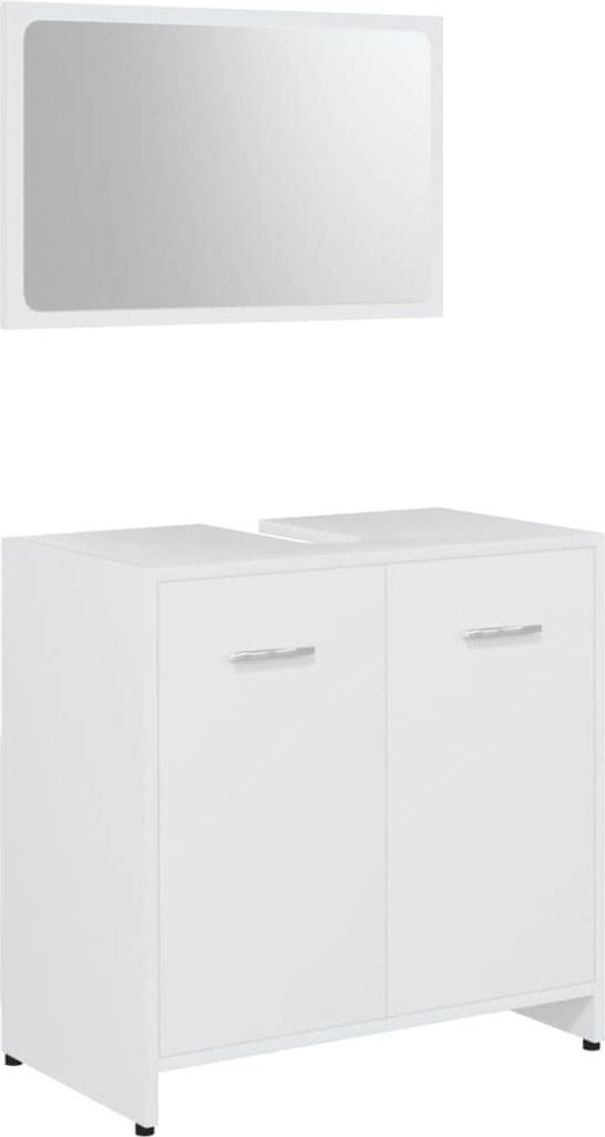 A white bathroom vanity cabinet with two doors and a mirror above it, set against a white background.