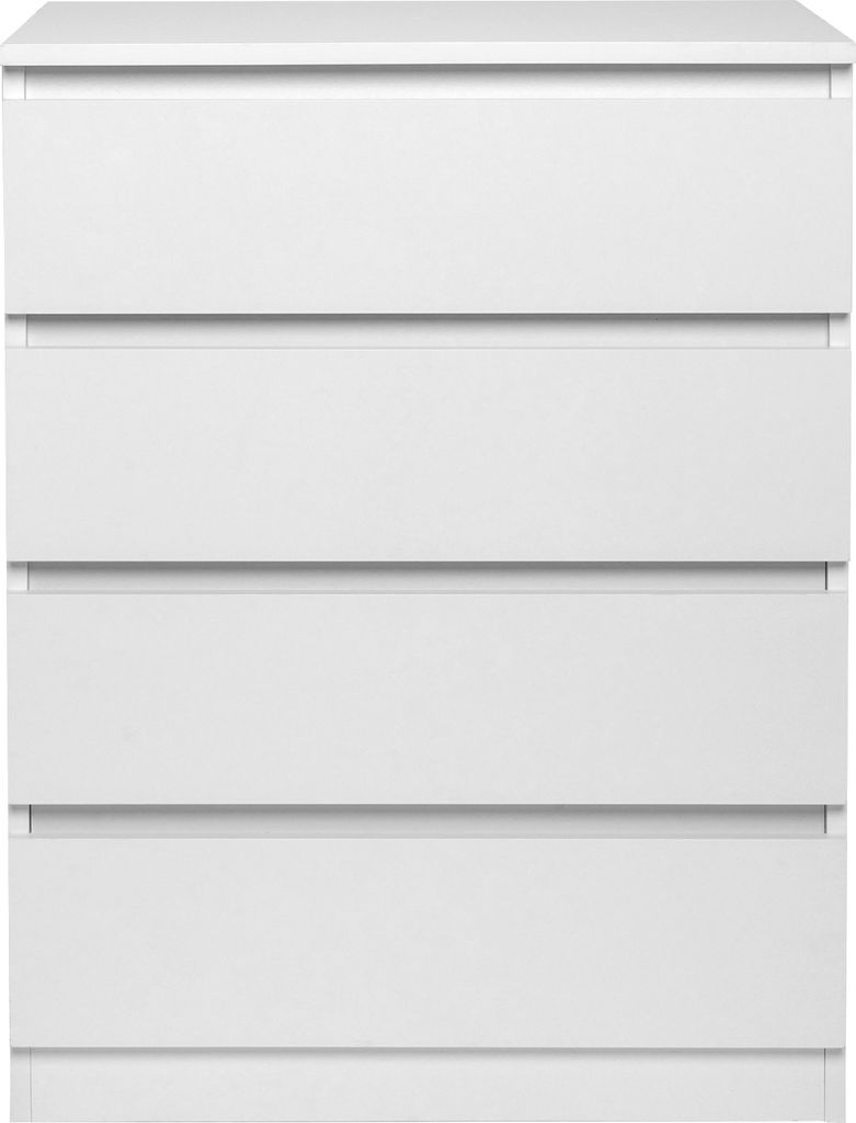 A front view of a white dresser with four drawers against a white background.