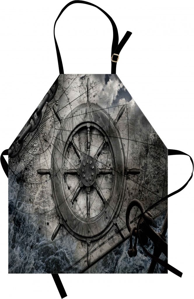 ABAKUHAUS Steuerrad Kochschürze, Retro- Navigations-Ausrüstungs-Illustration mit Lenkrad-Diagramm-Ankerketten, Farbfest Höhenverstellbar Waschba...