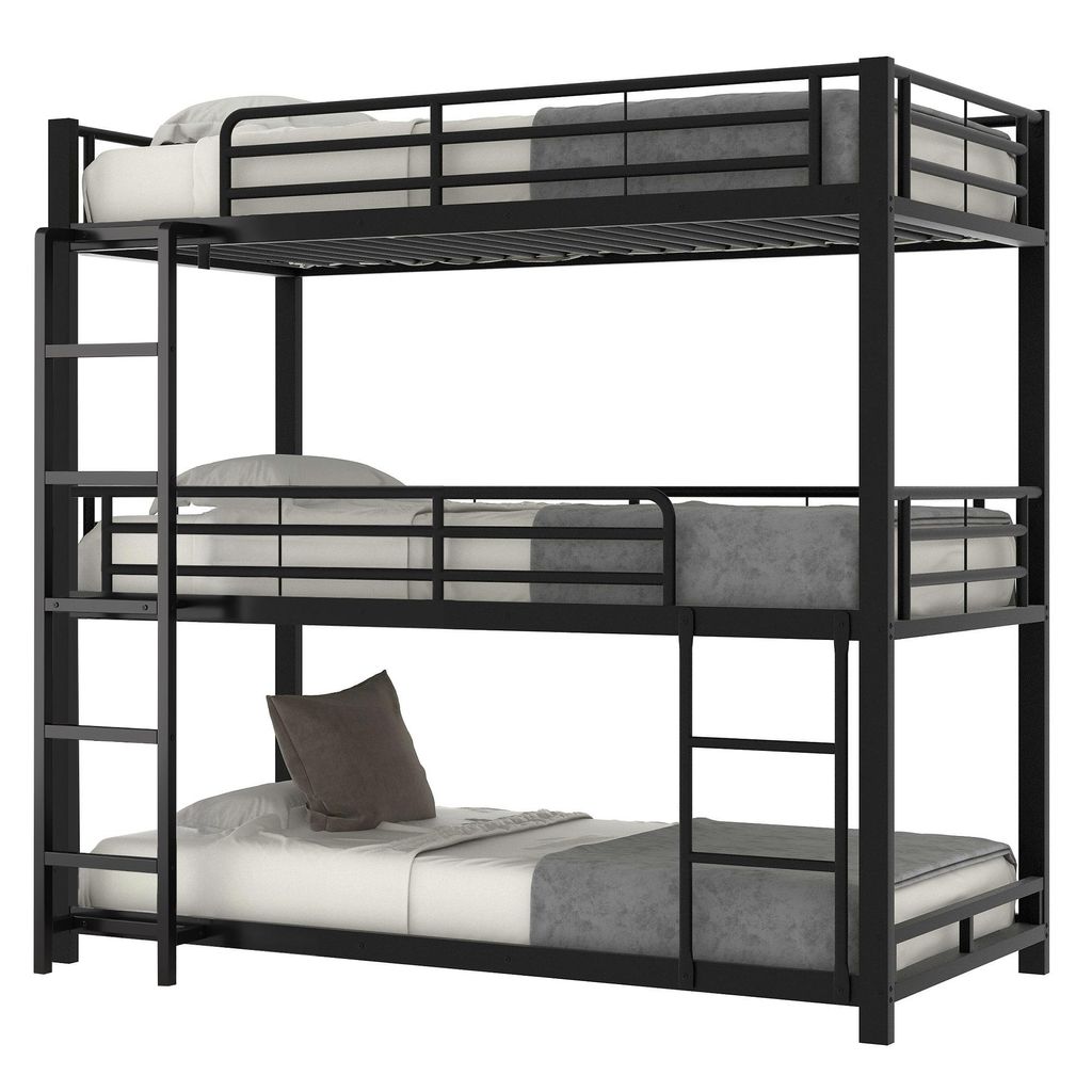 Etagenbett mit 3 Schlafgelegenheiten und Lattenrost, 90x200 cm, Kinderbett mit Rausfallschutz, Metallbett