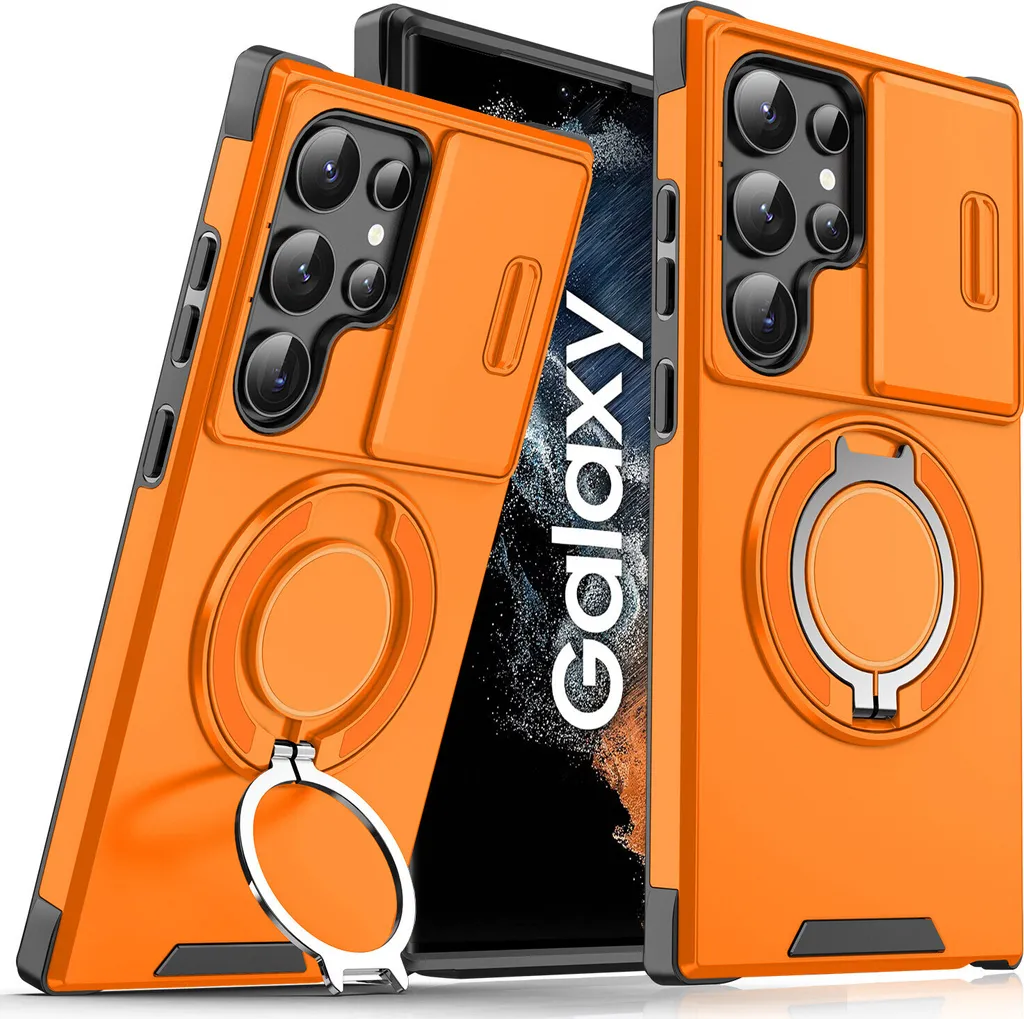 Cover Militare S22 Ultra Arancione - Antiurto con Slider Camera e Magnete