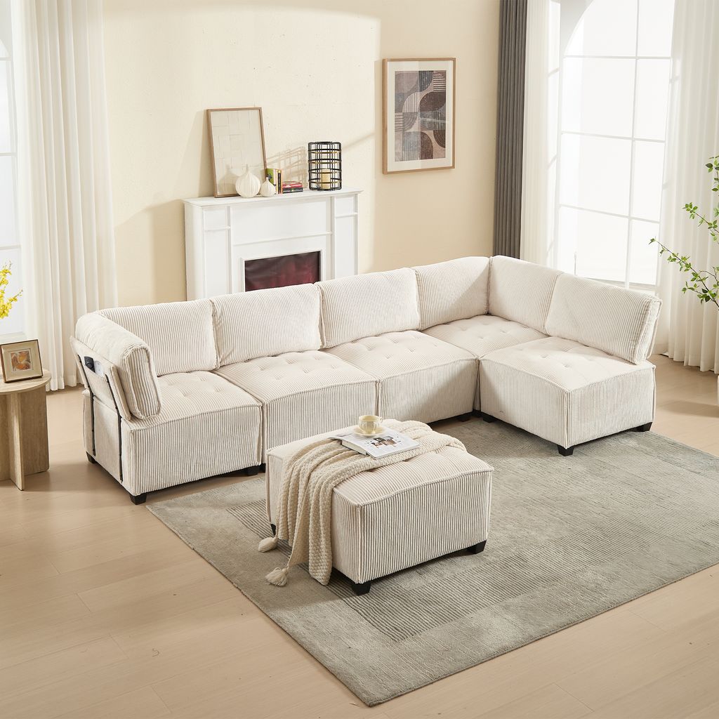 LVHOM Modulares Sofa U Form 308 x 82 x 154 cm, 6-Sitzer mit Schlaffunktion, Modular Cord Ecksofa, umwandelbares Schaumstoffsofa, Sofagarnitur, Beige