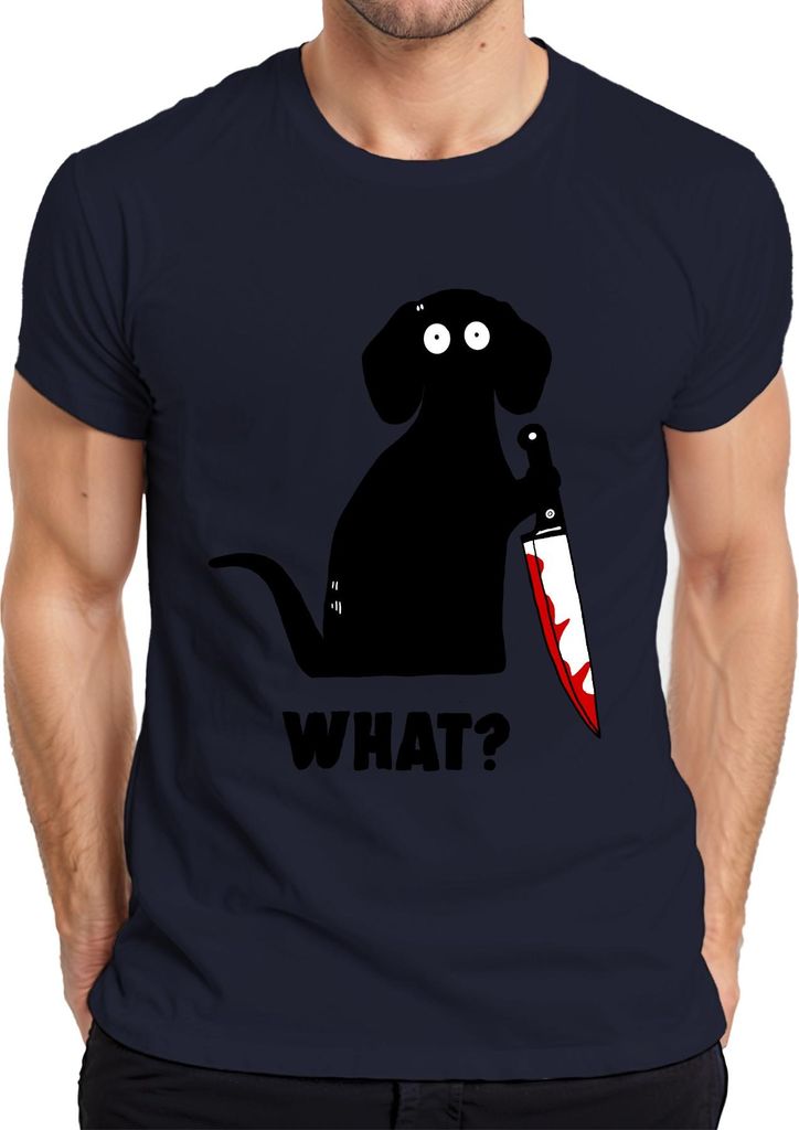 What? Hund Blutiges Messer Horror Halloween Grusel Slasher Cartoon Herren T-Shirt, Navy, M
