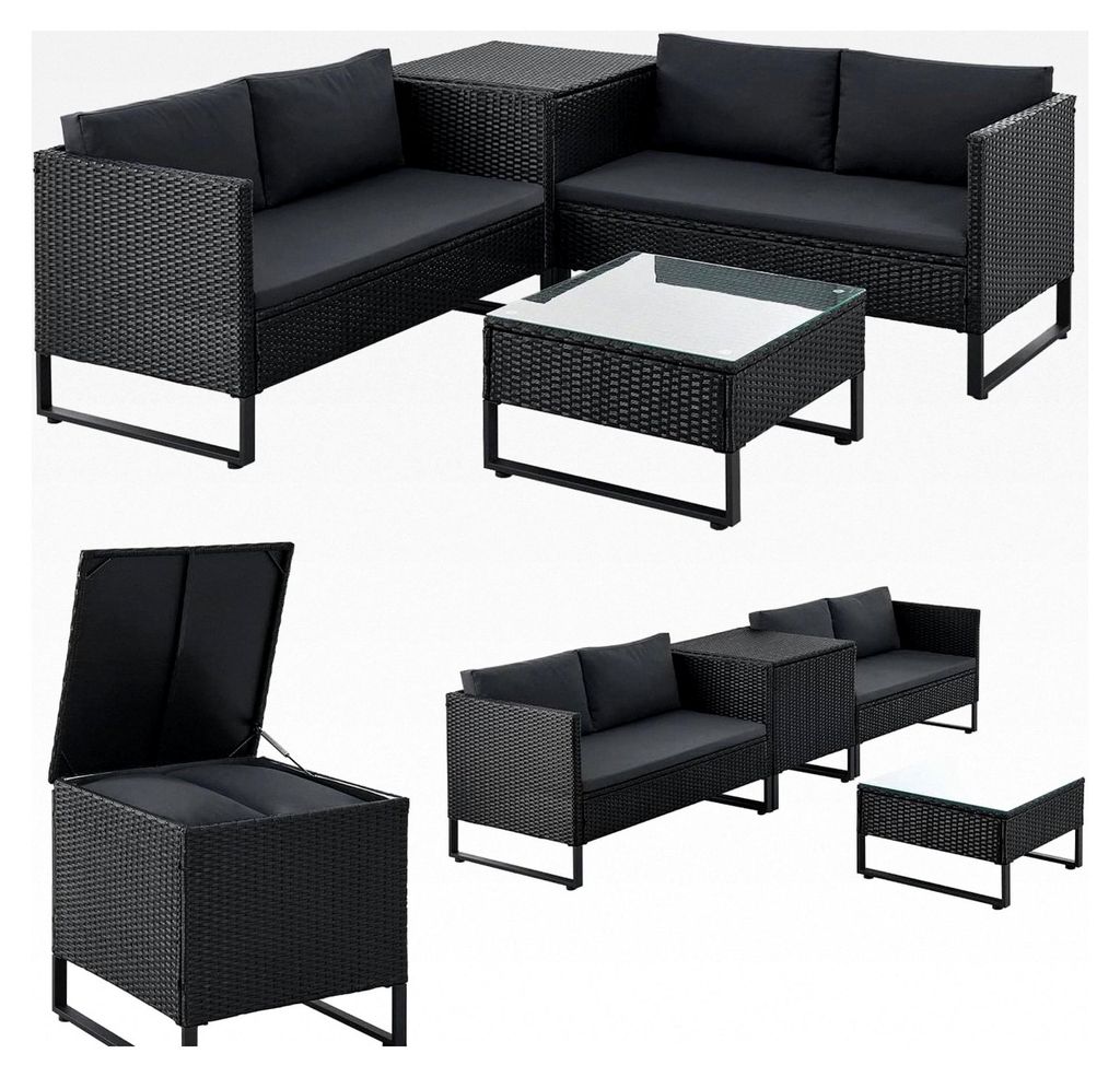 Outdoor Polyrattan Lounge Santorini - Gartenlounge mit Beistelltisch und Auflagenbox - Gartenmöbel Set wetterfeste Rattan Sitzecke - Schwarz