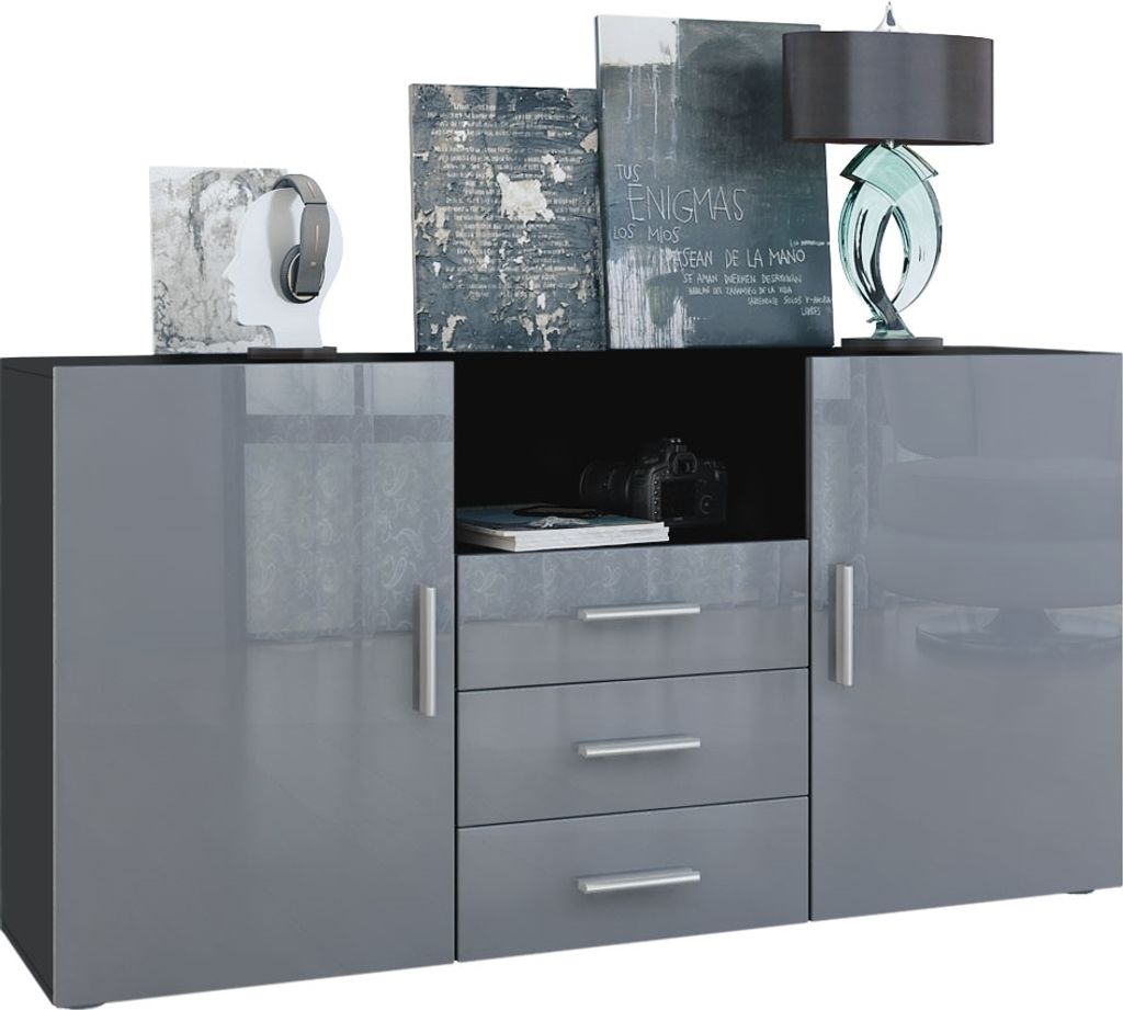 Vladon Sideboard Skadu, Kommode mit 2 Türen, 3 Schubladen und 1 offenem Fach, Schwarz matt/Grau Hochglanz (138,5 x 71,5 x 35 cm)