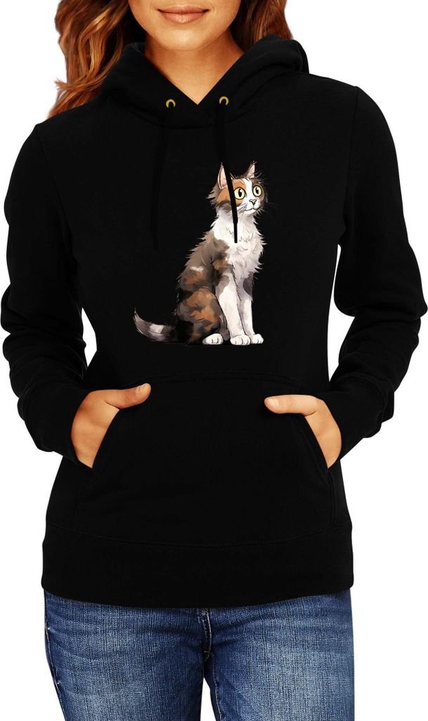 Damen Kapuzenpullover Funny Cats Breeds Aegean Cat 007, Lady XL / Schwarz