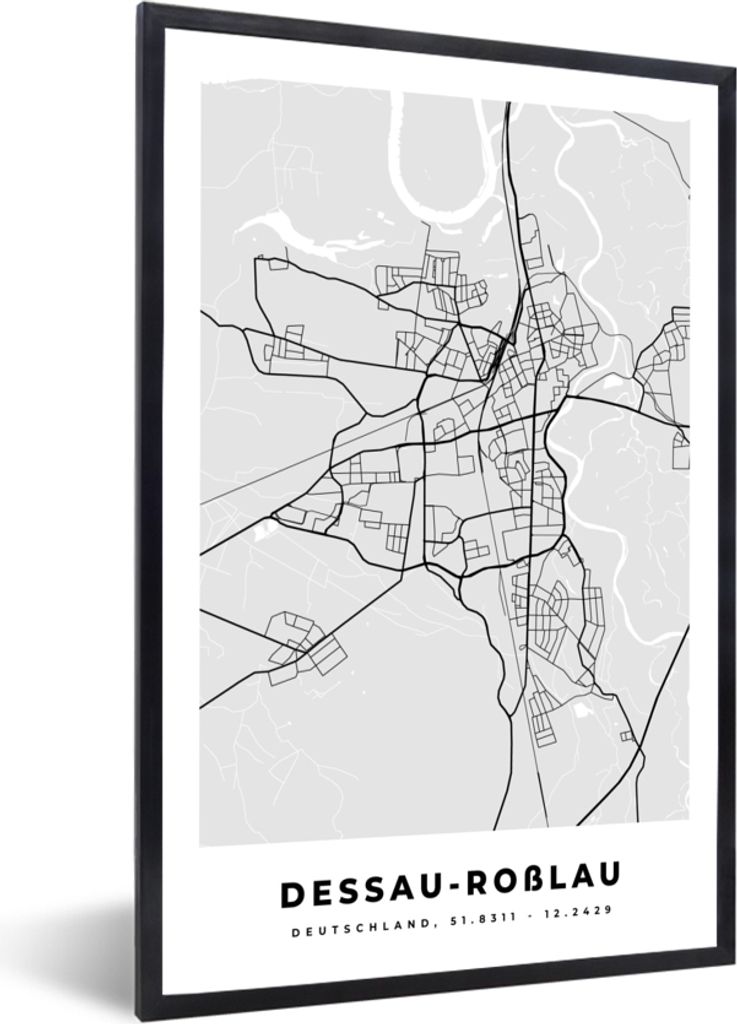 MuchoWow Gerahmtes Poster Deutschland - Stadtplan - Karte - Dessau-Roẞlau 20x30 cm - Poster mit Schwarzem Bilderrahmen Wandposter Rahmen Foto B...
