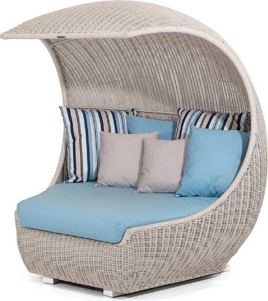 Casa Padrino Luxus Liegeinsel mit Sonnendach Beige / Hellblau 156 x 146 x H. 174 cm - Handgewebte Wetterbeständige Sonneninsel - Moderne Garten M...