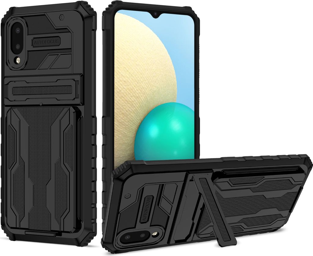 Galaxy A02 / M02 Hülle, Hybrid Robust Schutz Stoßfest Schutzhülle mit Kartenhalter Ständer für Samsung Galaxy A02 / M02 Schwarz