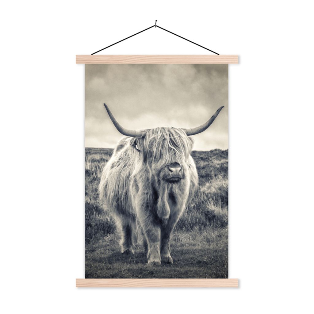 MuchoWow Textilposter Schottischer Hochländer - Tiere - Wolken - Kuh - Natur 60x90 cm mit holzfarbenen Rahmen - Textil