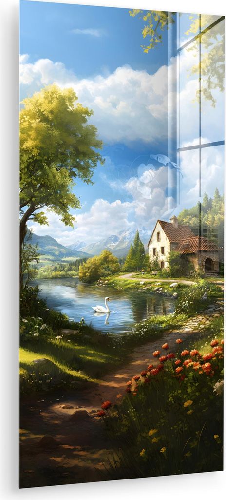 MuchoWow Glasbilder - Bilder auf Wandbild - Foto auf Glas Schwan - Bäume - Ruhe 40x80 cm Wanddekoration aus Glas - Acrylglasbild - Acrylbilder - W...