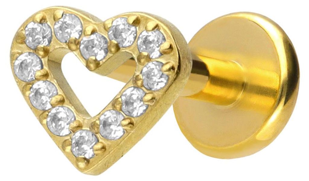 Ohrpiercing, Nasenpiercing Titan Labret mit Push Fit KRISTALLHERZ Gold Stablänge: 7mm | Stabstärke: 1,2mm