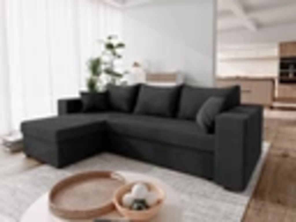Ecksofa DOMINO Kleine Ecksofa mit Schlaffunktion und zwei Bettkasten, Liegefläche 140x200 cm Universelle Ecklösung2 Bettzeugcontainer Schwarz Man...