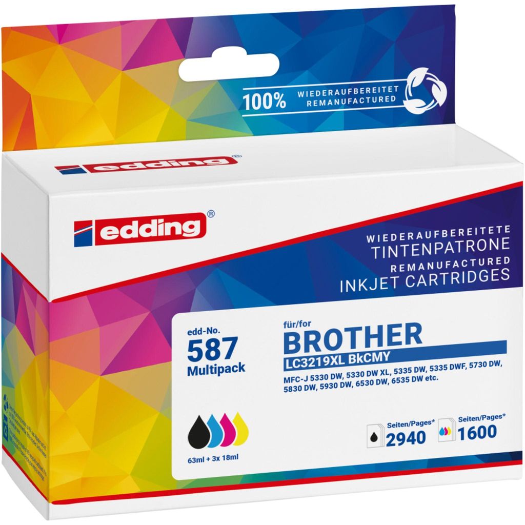 edding EDD-587 schwarz, cyan, magenta, gelb Druckerpatronen kompatibel zu brother LC-3219XLBK/C/M/Y, 4er-Set
