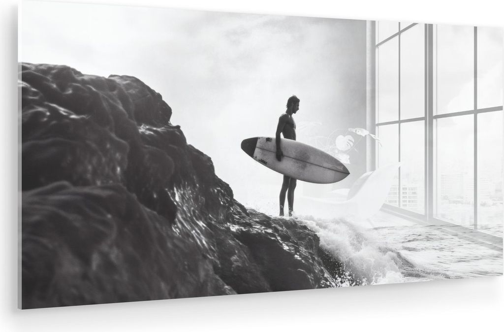 MuchoWow Glasbilder - Bilder auf Wandbild - Foto auf Glas Surfer - Felsen - Ozean - Wellen 120x60 cm Wanddekoration aus Glas - Acrylglasbild - Acry...