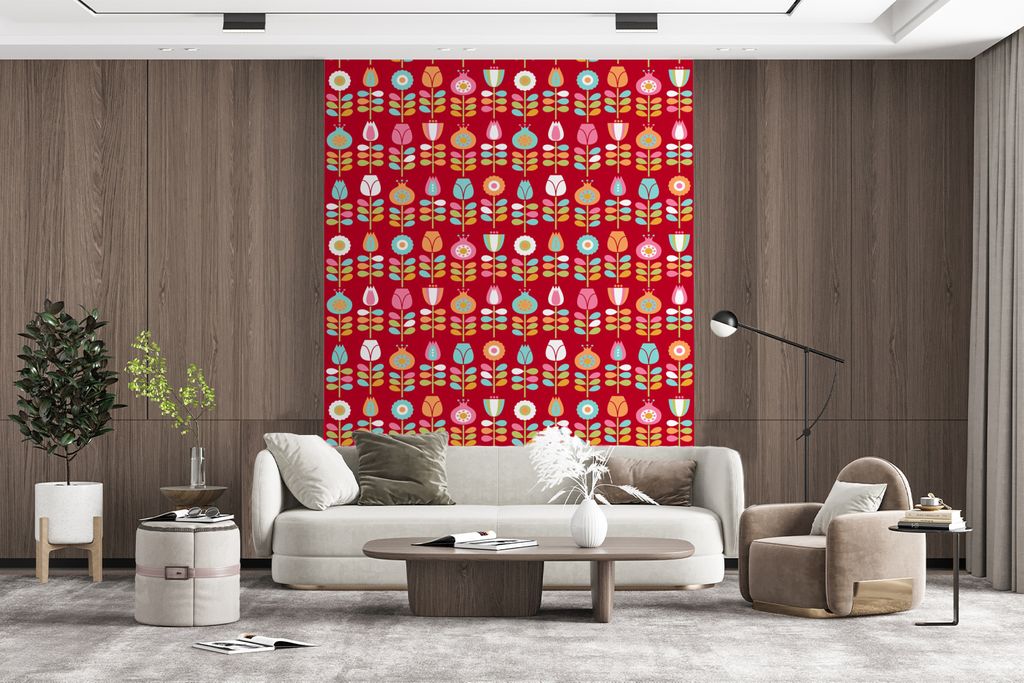 MuchoWow Fototapete für Wohnzimmer oder Schlafzimmer Wandtapete Vinyl Motivtapete Muster - Blumen - Retro - Rot - 165x220 cm - Wanddekorationen
