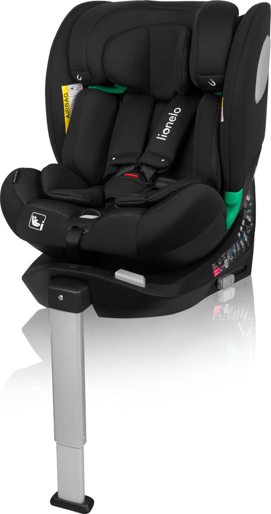 A black car seat with a silver support leg, shown on a white background.