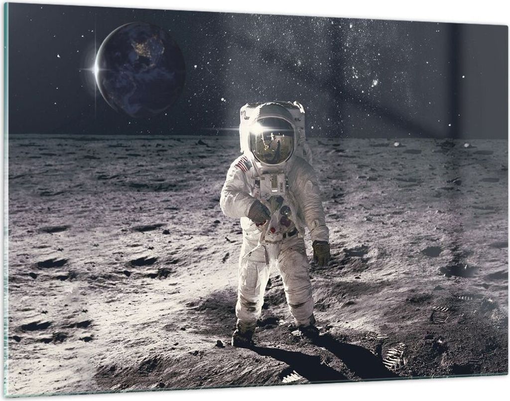 Bilder auf glas - Einteilig - Mond Erde Astronaut - 120x80cm - Glasbilder - Wandbilder - Bilder - zum Aufhängen bereit - Wanddekoration aus Glas -...