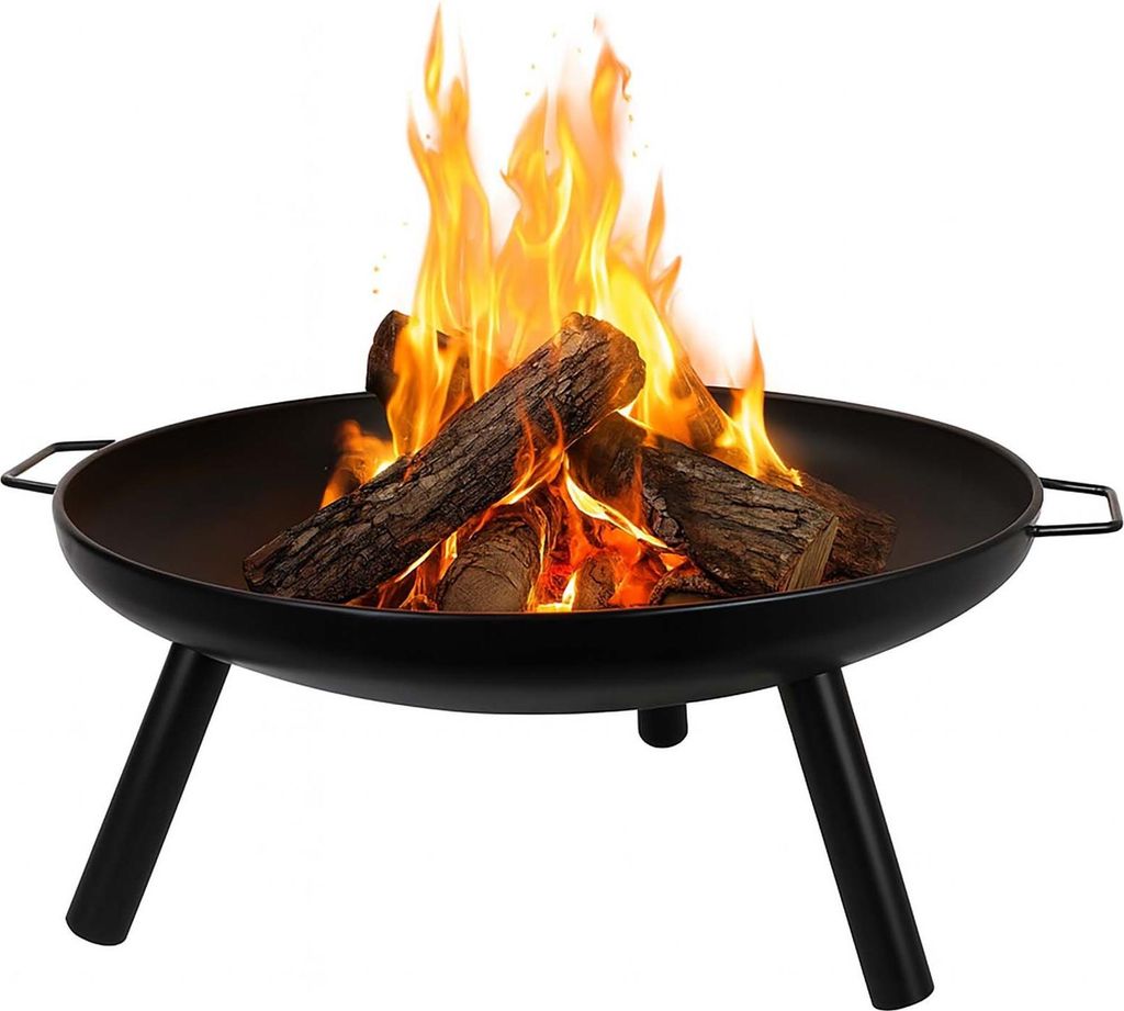 BURI Feuerschale 59cm rund aus Metall | Feuerstelle mit 2 Griffen & 3 stabilen Füßen | Feuerkorb Grillschale Pflanzschale für Garten Terrasse Ba...