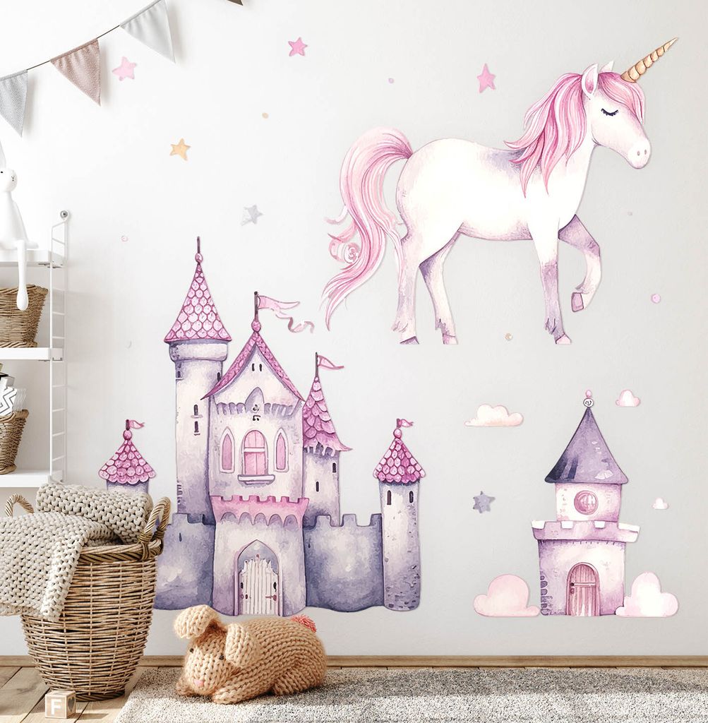 Schloss Einhorn und Luftballons – Wandgestaltung – Wandbilder Kinder – Motivtapeten Set – Wanddekor Kinderzimmer – Selbstklebende Wandsti...