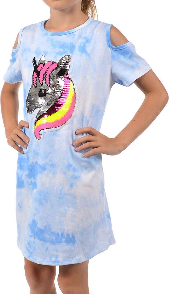 KMISSO Mädchen Kleid Wende Pailletten Einhorn-Motiv Blau Batik 92