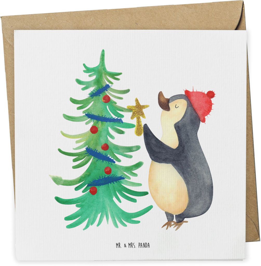 Mr. & Mrs. Panda Grußkarte Pinguin Weihnachtsbaum - Weiß - Geschenk, doppelkarte, Klappkarte, Weihnachten, anlasskarte, faltkarte, Winter, Glück...