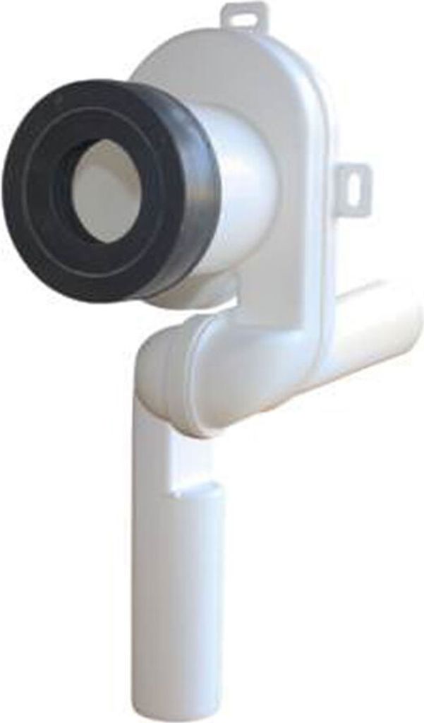 A white plastic urinal siphon with a black rubber seal is shown against a white background.