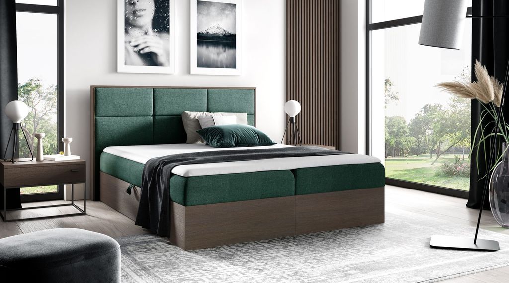 Kontinentales Bett 200x200 CHANTELLE 2 - dunkle Eiche / Grün + GRATIS Matratzenauflage