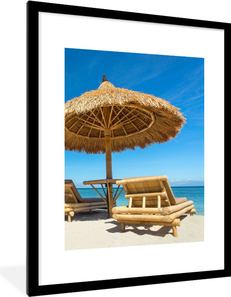 MuchoWow Gerahmtes Poster Strandkorb - Strand - Sonnenschirm - Meer - Sommer 60x80 cm - Poster mit Schwarzem Bilderrahmen Wandposter Rahmen Foto ...