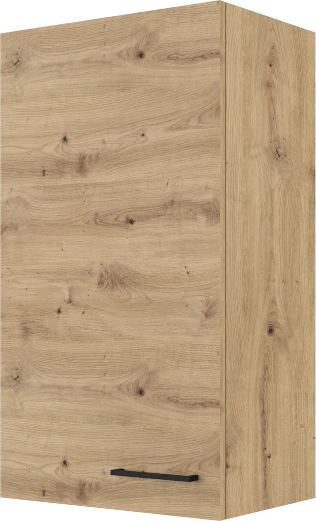 A close-up, angled view of a wooden cabinet door with a black handle.