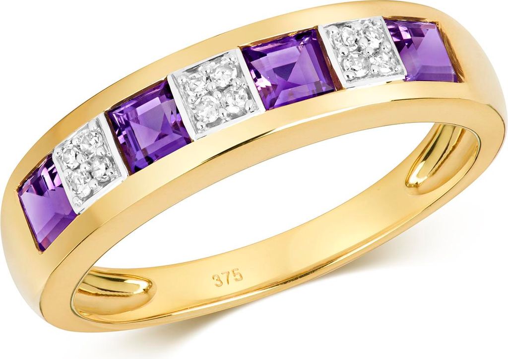 Wunderschöner 9 Karat (375) Gold Halb Eternity Damen - Diamant Ring Brillant-Schliff 0.06 Karat mit Amethyst, 53 (16.9); TRS11031RSM