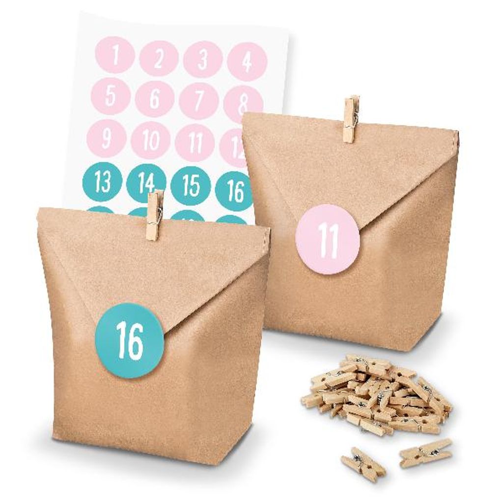 itenga SET Adventskalender 24x Tüten + Klammern + Zahlensticker (Z42)
