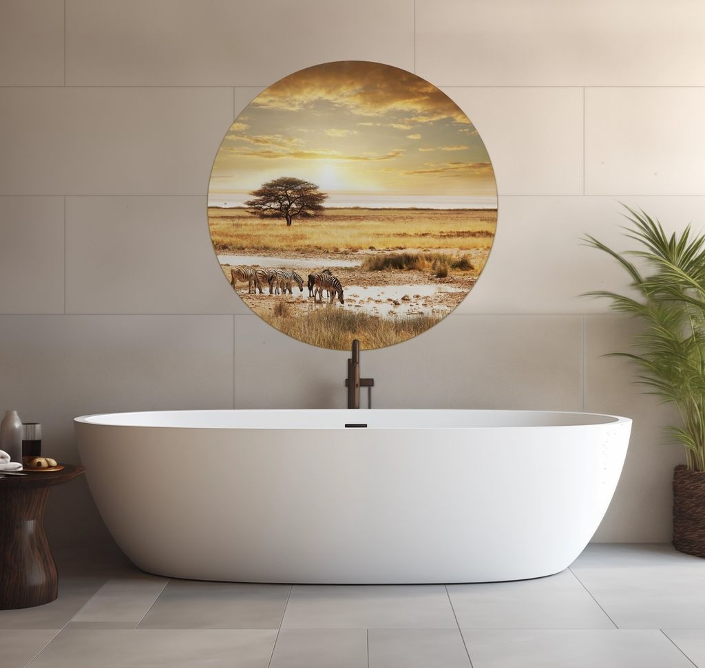 Wallario wasserfestes Poster selbstklebend 90 x 90 cm, Safari in Afrika eine Herde Zebras am Wasser, Badezimmerposter Spritzschutz mit Hochglanzobe...