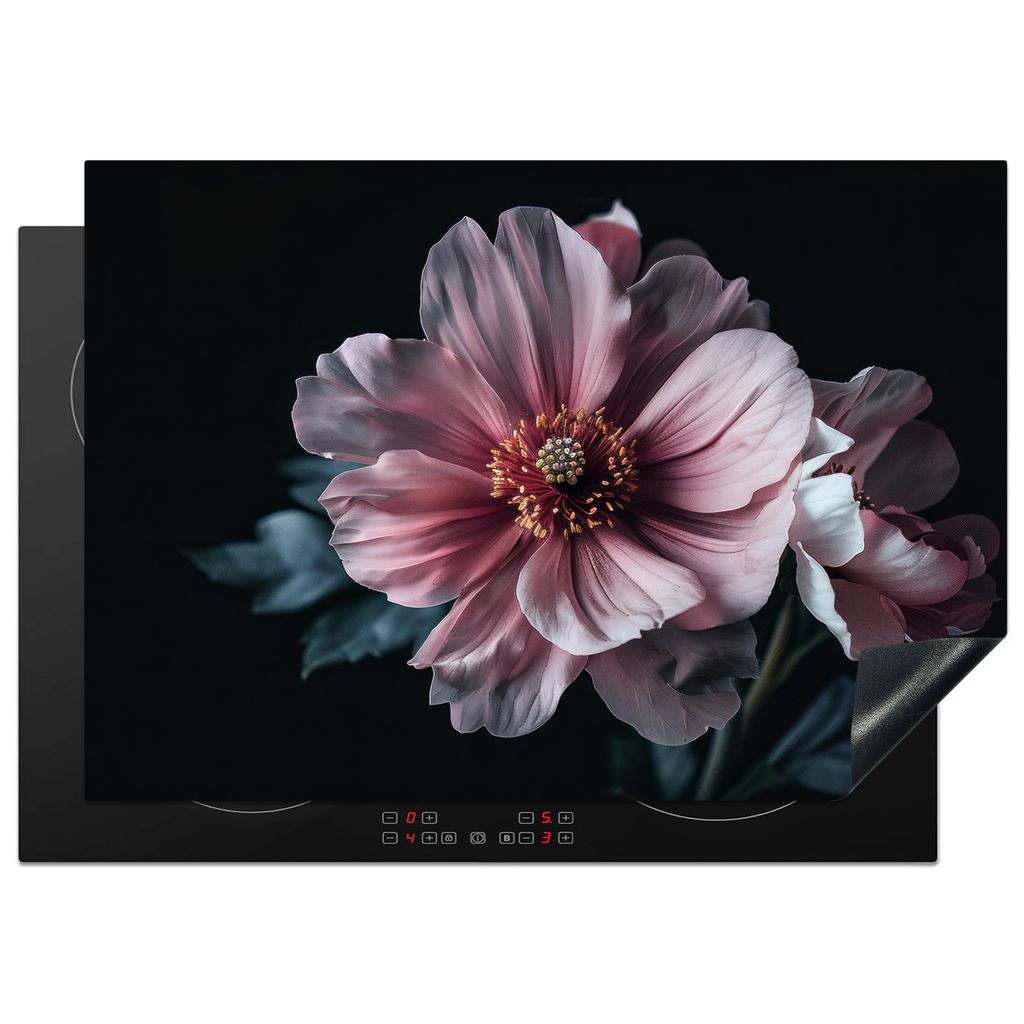 KitchenYeah Herdabdeckplatte Blume - Rosa - Botanisch - Schwarz - Stillleben - Natur , 75x52cm, Küche Deko, Glaskeramikkochfeld Herdabdeckung, A...