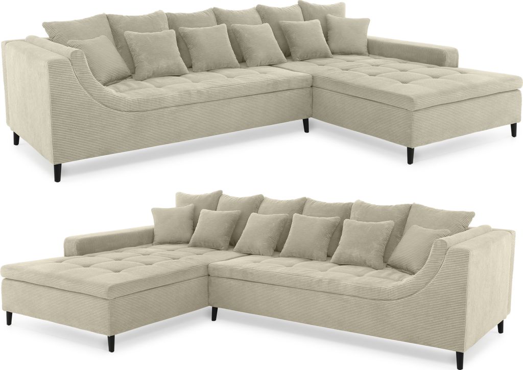 Ecksofa moderne L-Couch Polsterecke Rutschenlehne Metallfüße in Cord Beige Grau / 15223