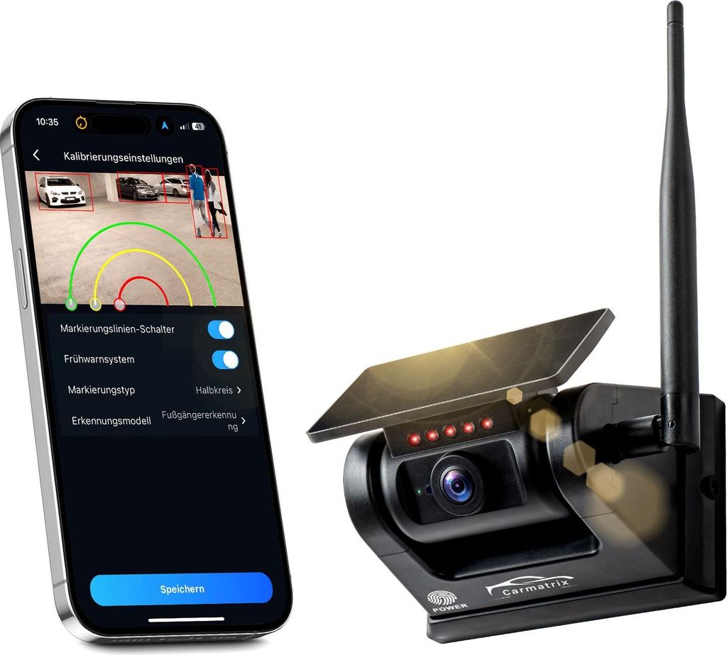 CARMATRIX Funk WLAN Solar Rückfahrkamera mit Magnet KI Personenerkennung mit APP
