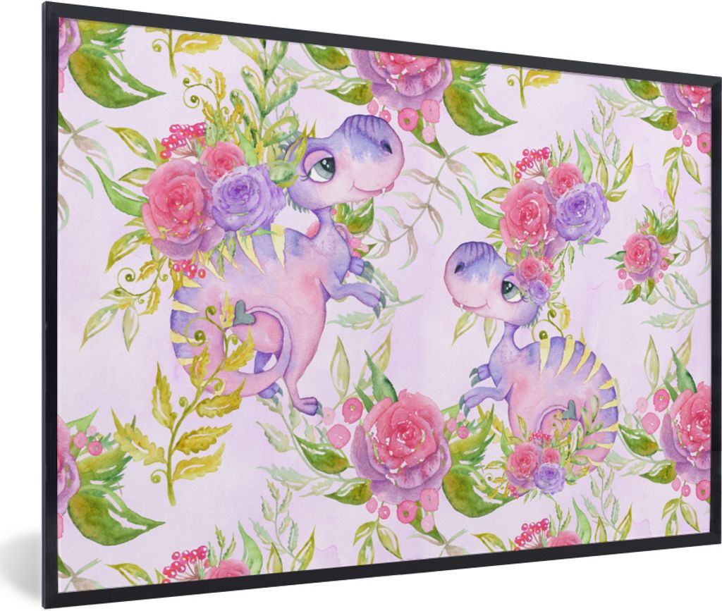 MuchoWow Gerahmtes Poster Dinosaurier - Blumen - Kinderzimmer - Mädchen - Rosa - Mädchen 30x20 cm - Poster mit Schwarzem Bilderrahmen Wandposte...